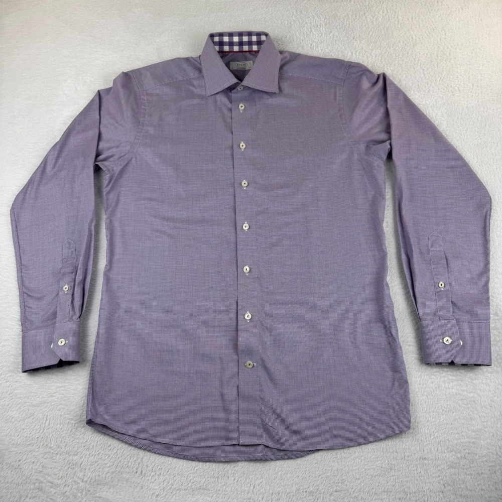 Eton Dress Shirt Mens 15.5‎ Purple Contemporary Fit Micro-Houndstooth Gingham